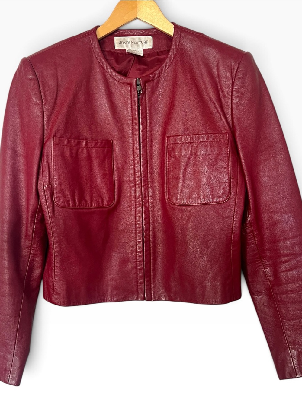 Jones New York Red Leather Collarless Zip Jacket